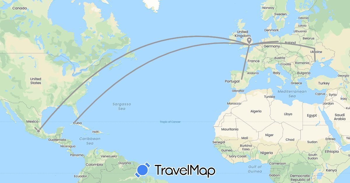 TravelMap itinerary: driving, plane in Cuba, Germany, Spain, United Kingdom, Mexico, Ukraine (Europe, North America)